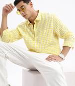 men's long sleeves gingham checks slim fit yellow shirt