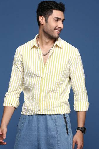 men's stripes slim fit yellow shirt