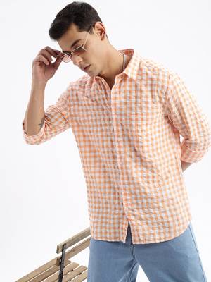 men's long sleeves gingham checks slim fit orange shirt 1
