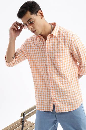 men's long sleeves gingham checks slim fit orange shirt