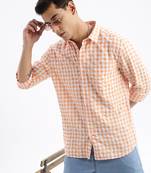 men's long sleeves gingham checks slim fit orange shirt
