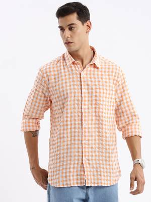 men's long sleeves gingham checks slim fit orange shirt 2