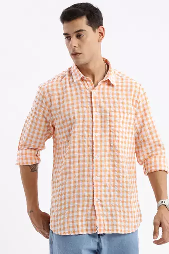 men's long sleeves gingham checks slim fit orange shirt
