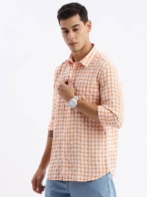 men's long sleeves gingham checks slim fit orange shirt 3