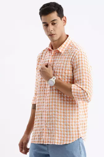 men's long sleeves gingham checks slim fit orange shirt