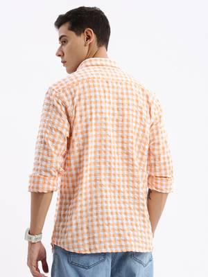 men's long sleeves gingham checks slim fit orange shirt 4