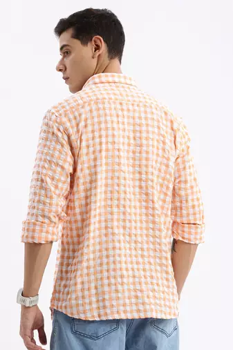 men's long sleeves gingham checks slim fit orange shirt