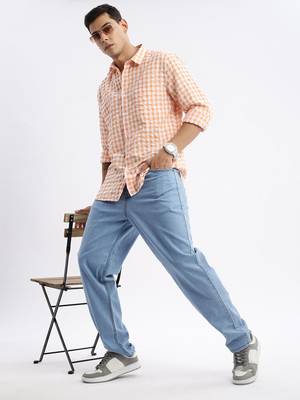 men's long sleeves gingham checks slim fit orange shirt 5