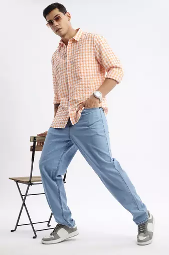 men's long sleeves gingham checks slim fit orange shirt