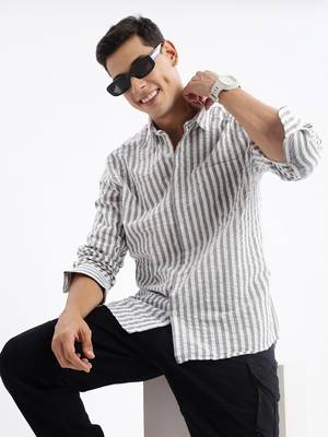 Showoff men's long sleeves stripes slim fit grey shirt 1