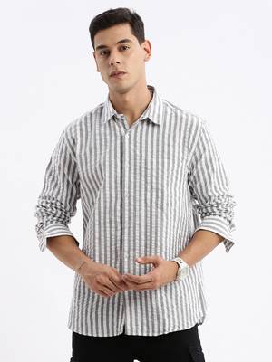 Showoff men's long sleeves stripes slim fit grey shirt 2