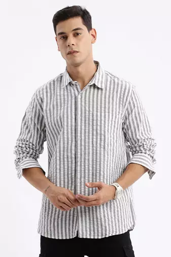 Showoff men's long sleeves stripes slim fit grey shirt