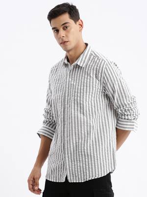 Showoff men's long sleeves stripes slim fit grey shirt 3