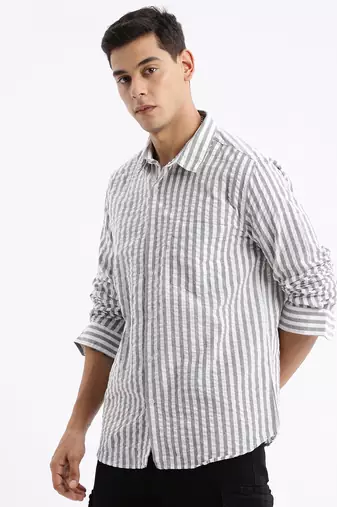 Showoff men's long sleeves stripes slim fit grey shirt