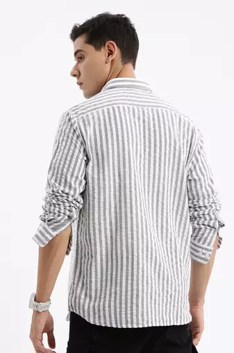 Showoff men's long sleeves stripes slim fit grey shirt