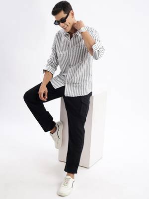 Showoff men's long sleeves stripes slim fit grey shirt 5
