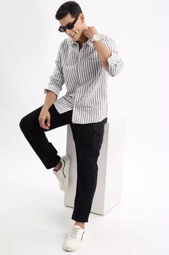 Showoff men's long sleeves stripes slim fit grey shirt