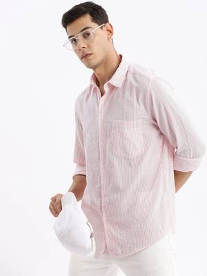 men's long sleeves stripes slim fit pink shirt 1