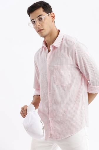 men's long sleeves stripes slim fit pink shirt