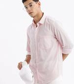 men's long sleeves stripes slim fit pink shirt