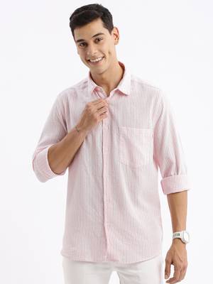men's long sleeves stripes slim fit pink shirt 2
