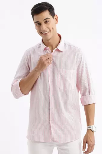 men's long sleeves stripes slim fit pink shirt