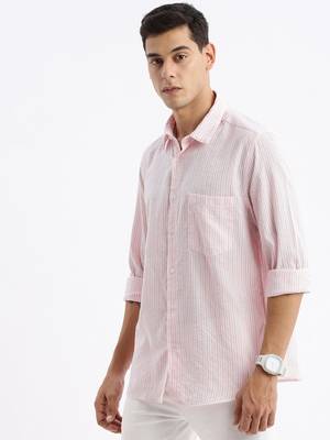 men's long sleeves stripes slim fit pink shirt 3
