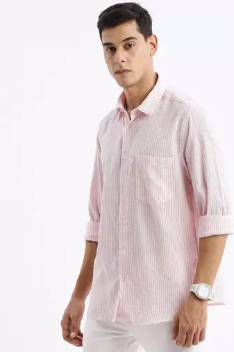 men's long sleeves stripes slim fit pink shirt