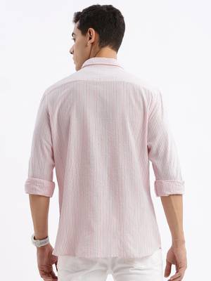 men's long sleeves stripes slim fit pink shirt 4