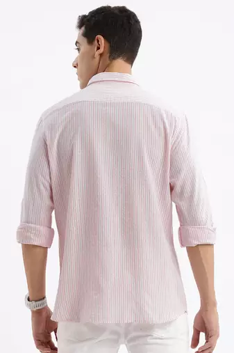 men's long sleeves stripes slim fit pink shirt