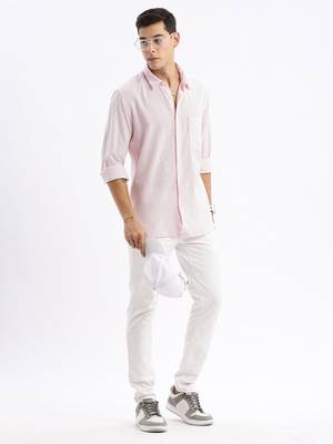 men's long sleeves stripes slim fit pink shirt 5