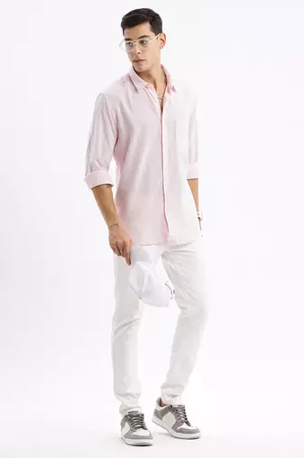 men's long sleeves stripes slim fit pink shirt