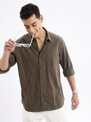 men's long sleeves gingham checks slim fit olive shirt 1