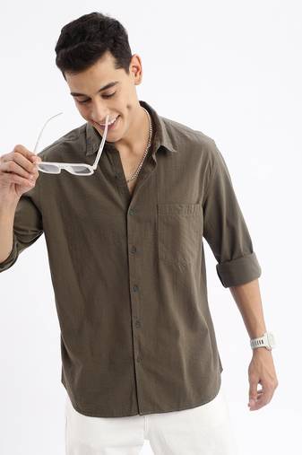 men's long sleeves gingham checks slim fit olive shirt