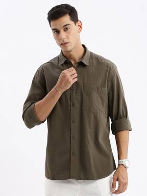 men's long sleeves gingham checks slim fit olive shirt 2