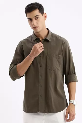 men's long sleeves gingham checks slim fit olive shirt
