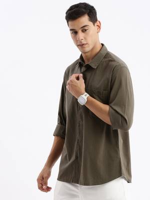 men's long sleeves gingham checks slim fit olive shirt 3