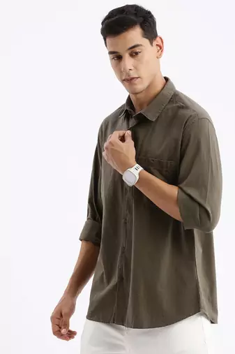 men's long sleeves gingham checks slim fit olive shirt