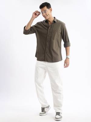men's long sleeves gingham checks slim fit olive shirt 5