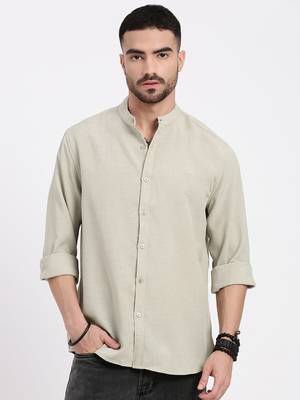 men's beige solid slim fit shirt 2