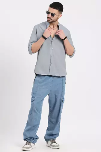 men's grey solid slim fit shirt