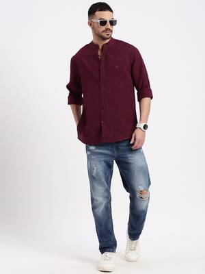 men's maroon solid slim fit shirt 5