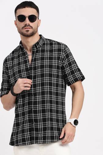 men's black checked slim fit shirt