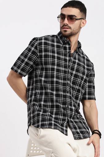 men's black checked slim fit shirt