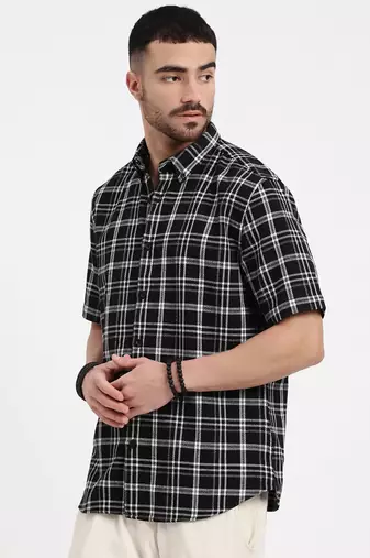 men's black checked slim fit shirt