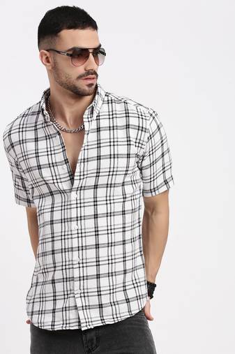 men's white checked slim fit shirt