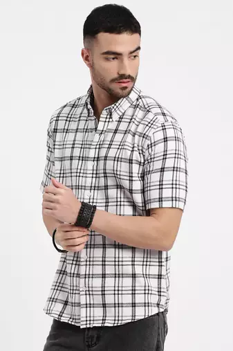 men's white checked slim fit shirt