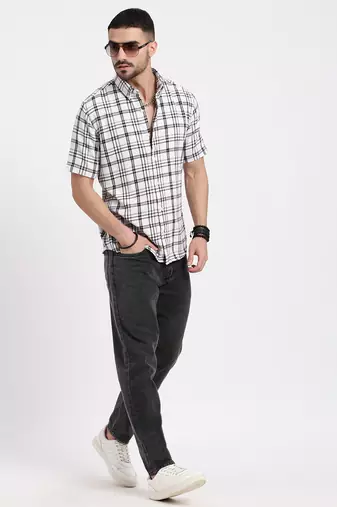 men's white checked slim fit shirt