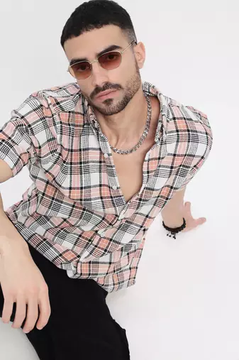 men's peach checked slim fit shirt