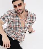 men's peach checked slim fit shirt